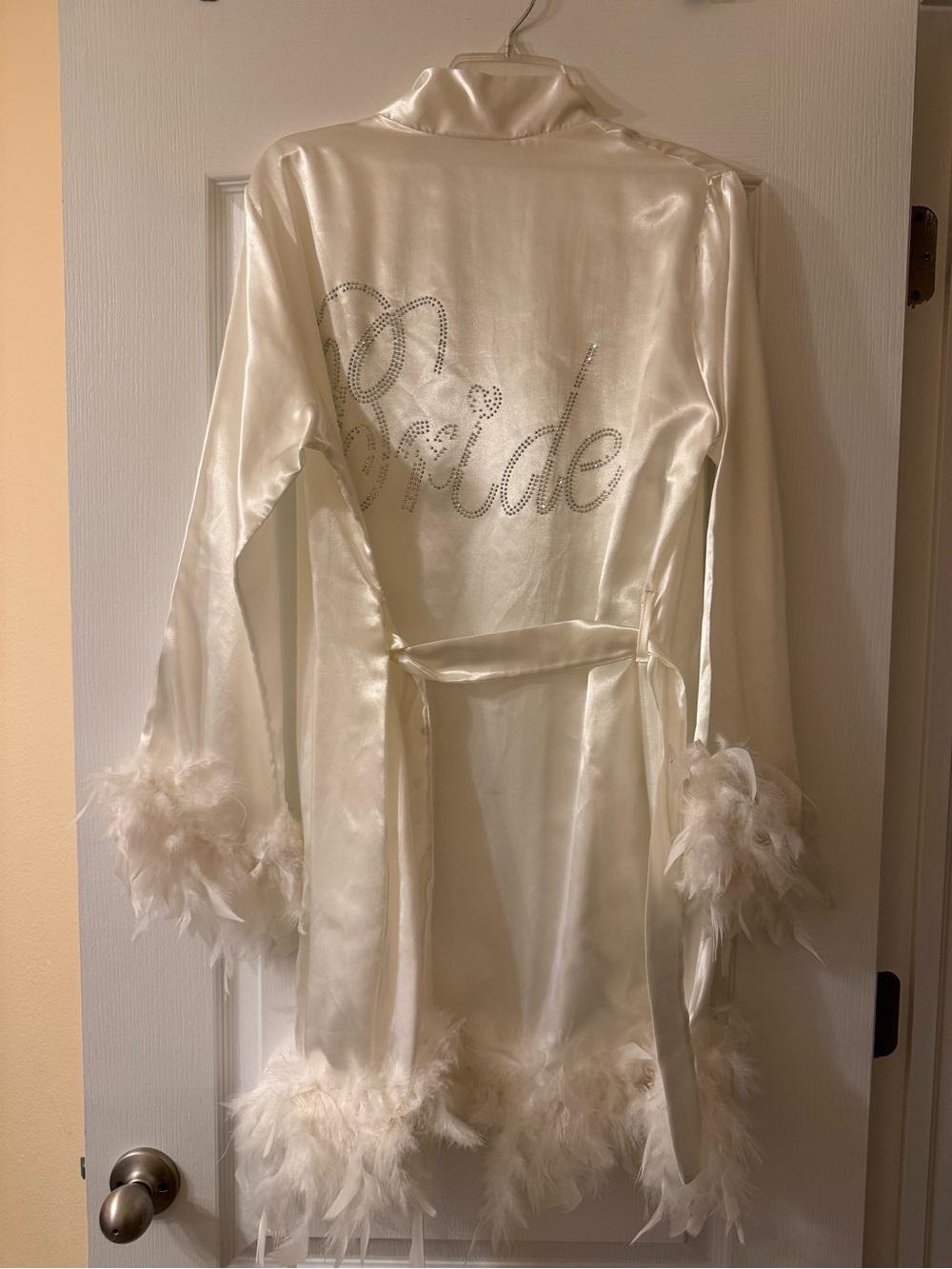 Bride Satin Feather Trim Robe - Ivory